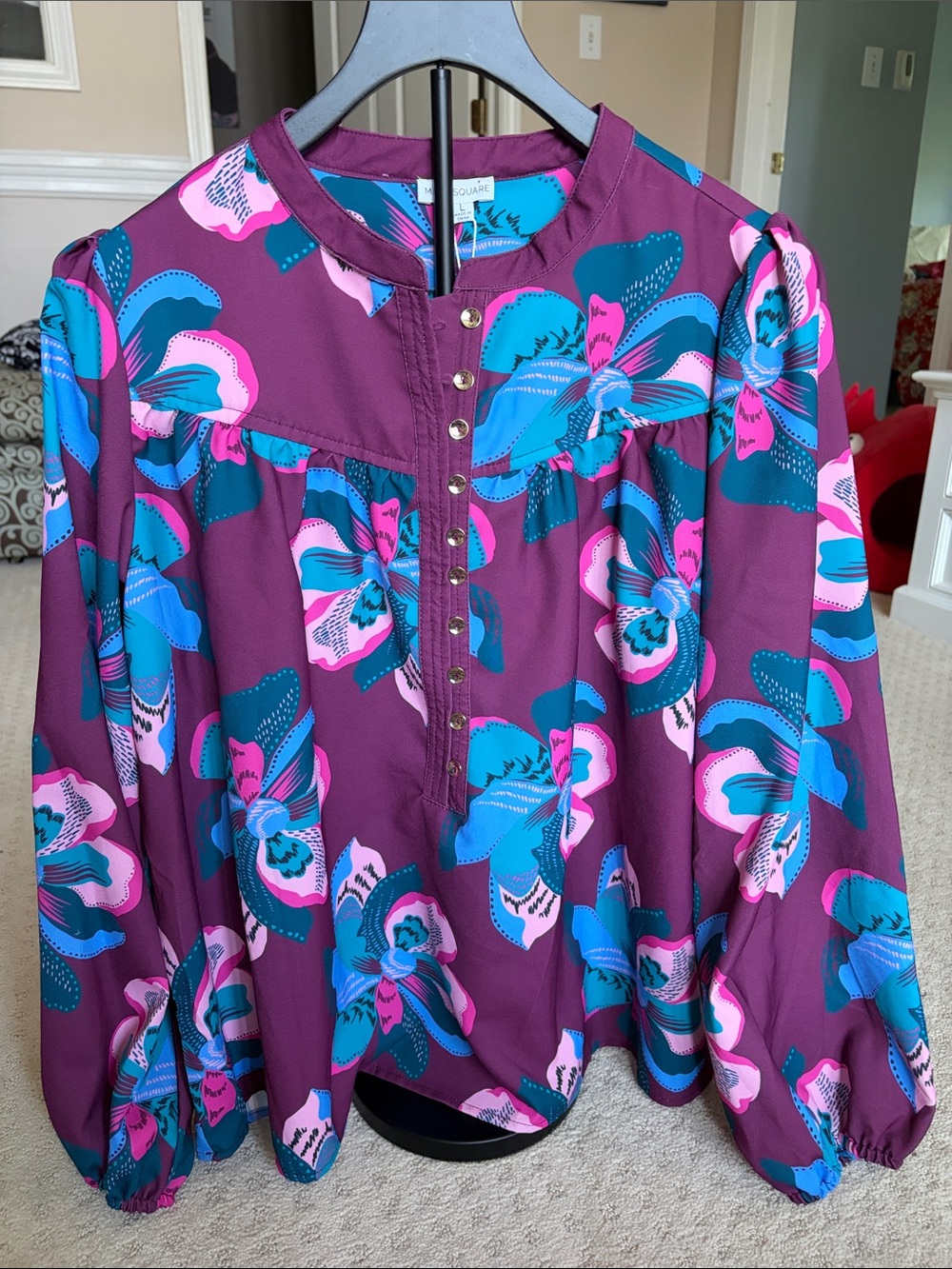 Floral Button-Front Peasant Blouse in Plum by Mary Square